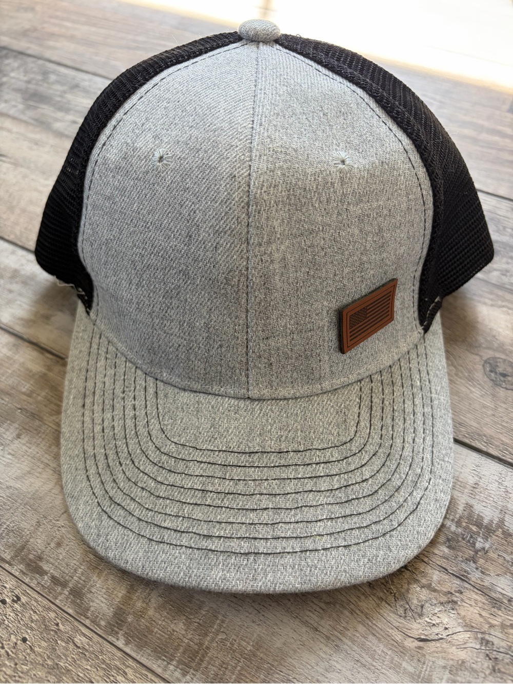 Gray & Black Hat With American Flag Leather Patch